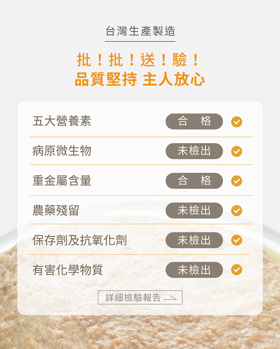批!批!送!驗!台灣生產製造,品質堅持主人放心 食品安全最高規格把關!每批皆通過嚴格檢驗,五大營養素及重金屬含量全數「合格」;病原微生物、農藥殘留、保存劑及抗氧化劑、有害化學物質皆「未檢出」,提供最公開透明的詳細檢驗報告。