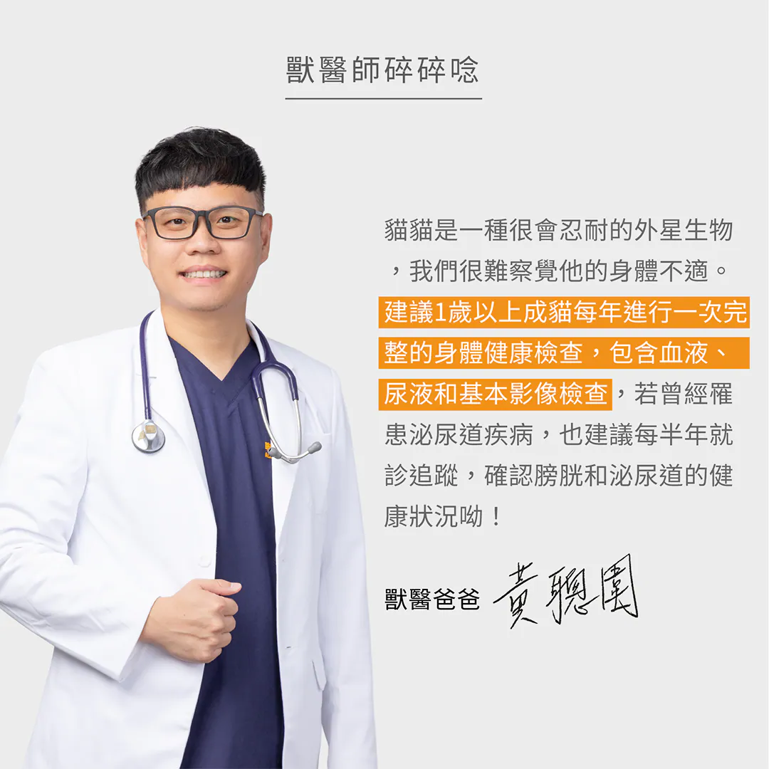 獸醫師碎碎唸:貓貓是很會忍耐的生物,別忘了定期安排健康檢查! 黃聰圍獸醫師專業提醒!建議 1 歲以上成貓每年進行一次包含血液、尿液和基本影像的完整健檢。曾患泌尿道疾病的貓咪,更建議每半年就診追蹤,搭配日常食補保養,牢牢守護膀胱與尿道健康。