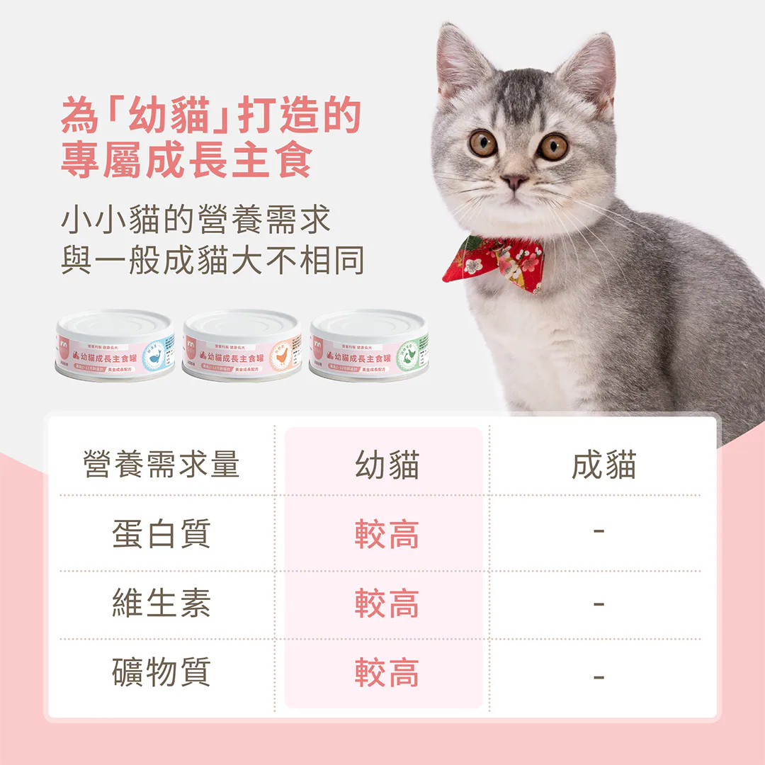 為「幼貓」打造的專屬成長主食:小小貓的營養需求與一般成貓大不相同 發育黃金期不容妥協!幼貓在離乳後的快速生長期中,對蛋白質、維生素及礦物質的營養需求量皆顯著高於成貓。獸研所精準調配高效能發育比例,滿足幼貓骨骼與肌肉的成長所需。