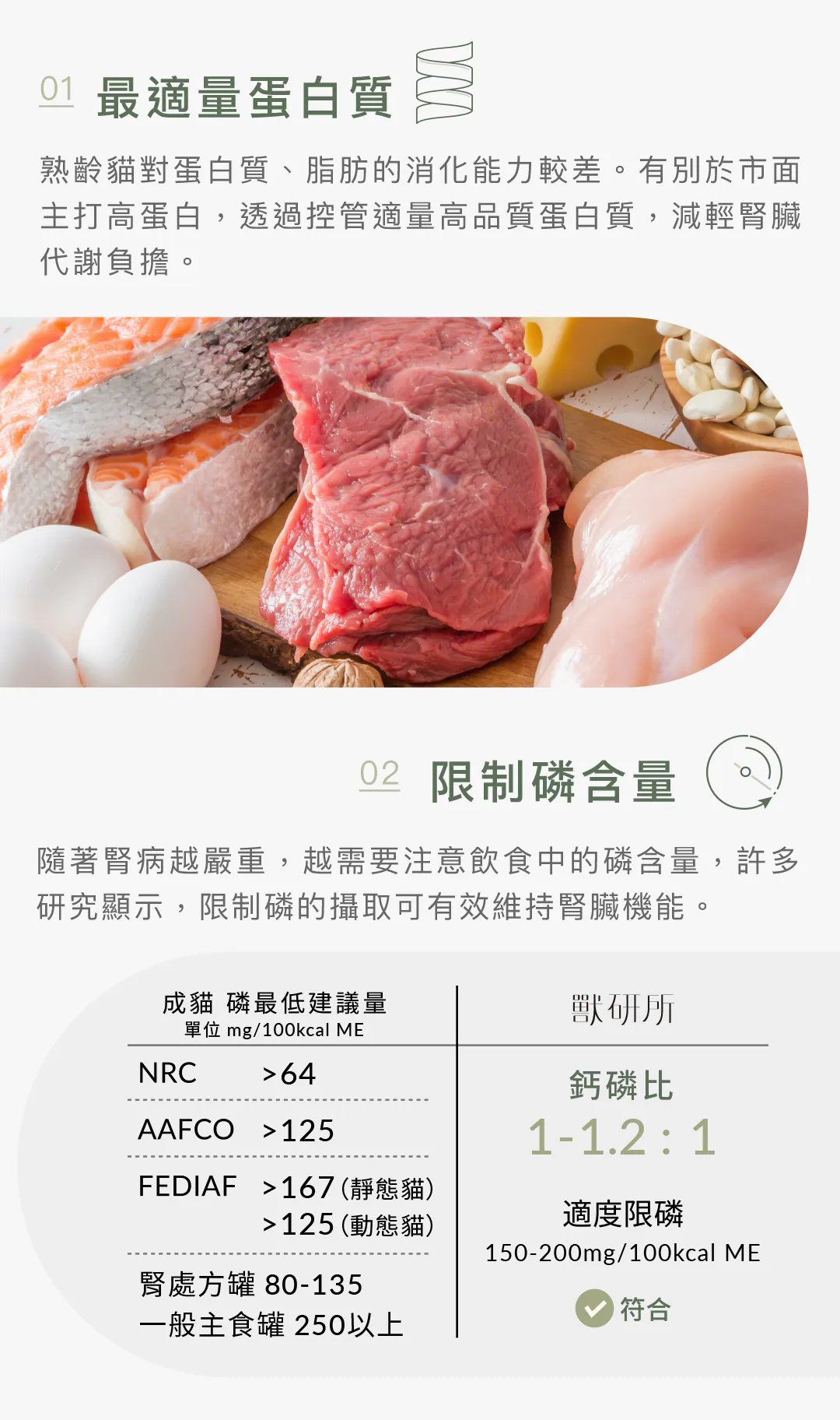 專業營養雙解鎖:最適量高品質蛋白 ✕ 限制磷含量 專為熟齡貓消化力打造,控管適量高品質蛋白質,減輕腎臟代謝負擔;並科學調配 1-1.2 : 1 黃金鈣磷比與 150-200mg 適度限磷,完美符合三大國際營養標準。